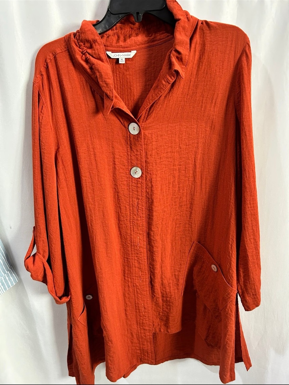LN John Mark Rust Orange Ruffle Collar Textured Button Front Tunic XL